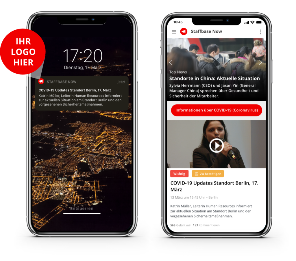 Push-Funktion und Newsfeed der Staffbase NOW App für Krisenkommunikation mit Mitarbeitern